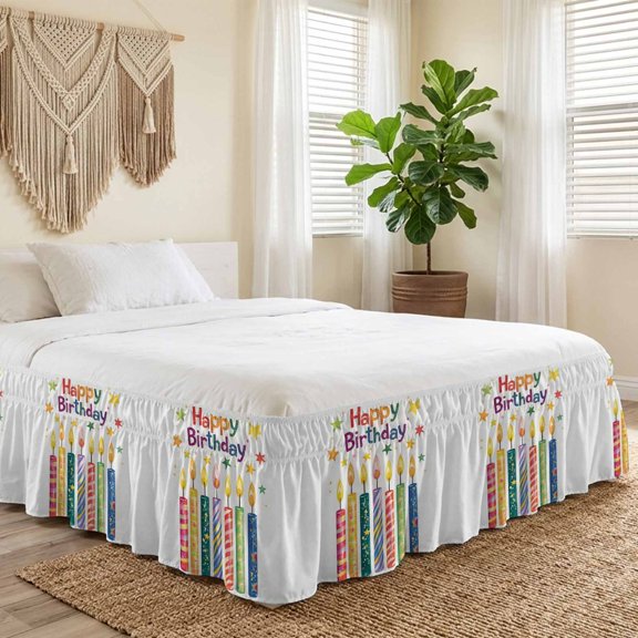 Queen Bed Skirt 16 Inch Drop, Happy Birthday Theme Party Easy Fit Wrap Around Ruffle Bedding, Colorful Star Celebration Bed Skirts with Adjustable Elastic Belt