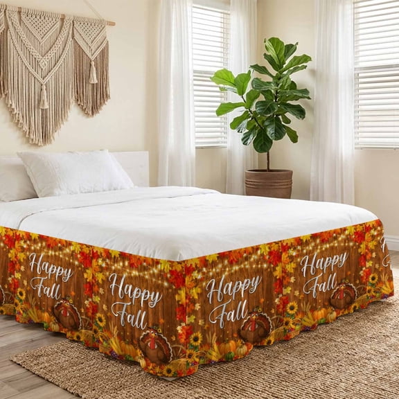 Queen Bed Skirt 16 Inch Drop, Happy Fall Words Turkey Easy Fit Wrap Around Ruffle Bedding, Autumn Pumpkins Maple Leaves Bed Skirts with Adjustable Elastic Belt