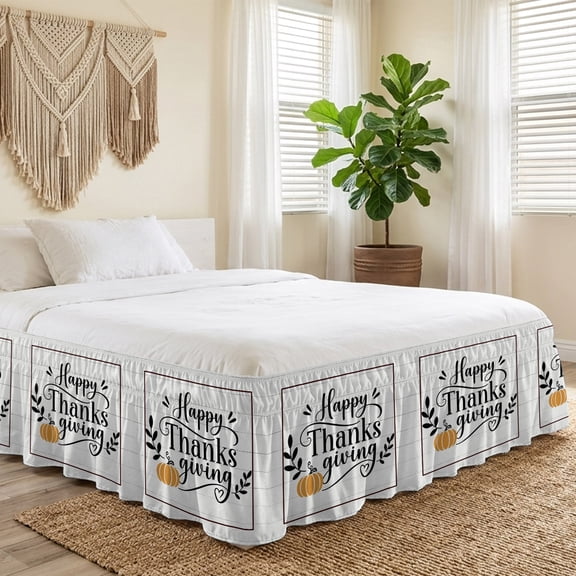 Queen Bed Skirt 16 Inch Drop, Happy Thanksgiving Words Easy Fit Wrap Around Ruffle Bedding, Farm Pumpkins Black Border Frame Bed Skirts with Adjustable Elastic Belt