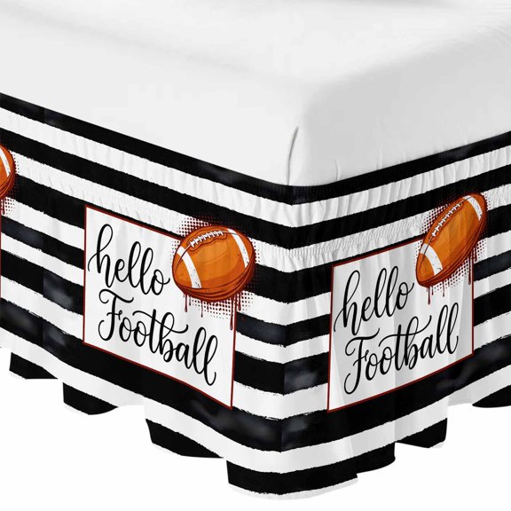 Queen Bed Skirt 16 Inch Drop, Hello Football Words Easy Fit Wrap Around Ruffle Bedding, White Black Line Bed Skirts with Adjustable Elastic Belt