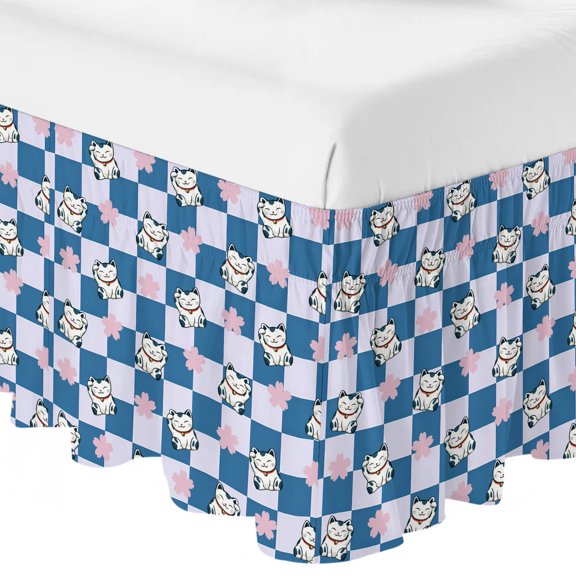 Queen Bed Skirt 16 Inch Drop, Japanese Cute Kitty Easy Fit Wrap Around Ruffle Bedding, Lucky Cat on Blue Plaid Bed Skirts with Adjustable Elastic Belt