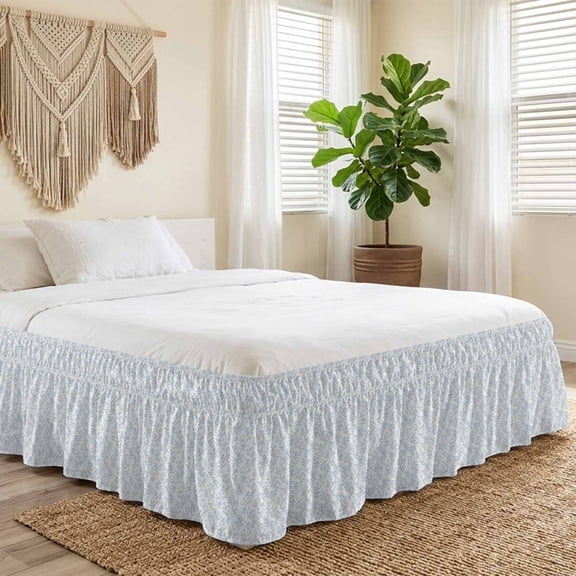 Queen Bed Skirt 16 Inch Drop, Light Blue Branch Flowers Texture Easy Fit Wrap Around Ruffle Bedding, Summer Botanical Bed Skirts with Adjustable Elastic Belt