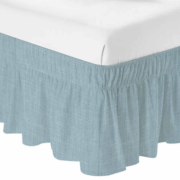 Queen Bed Skirt 16 Inch Drop, Light Blue Vintage Linen Easy Fit Wrap Around Ruffle Bedding, Solid Color Bed Skirts with Adjustable Elastic Belt