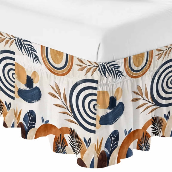 Queen Bed Skirt 16 Inch Drop, Mid Century Abstract Geometric Easy Fit Wrap Around Ruffle Bedding, Boho Leaves Nordic Arch Sun Bed Skirts with Adjustable Elastic Belt