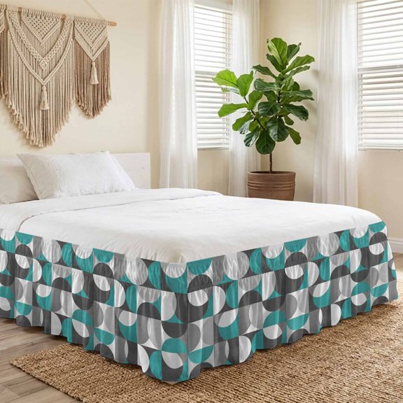 Queen Bed Skirt 16 Inch Drop, Mid Century Nordic Abstract Easy Fit Wrap Around Ruffle Bedding, Colorful Splicing Semicircle Bed Skirts with Adjustable Elastic Belt