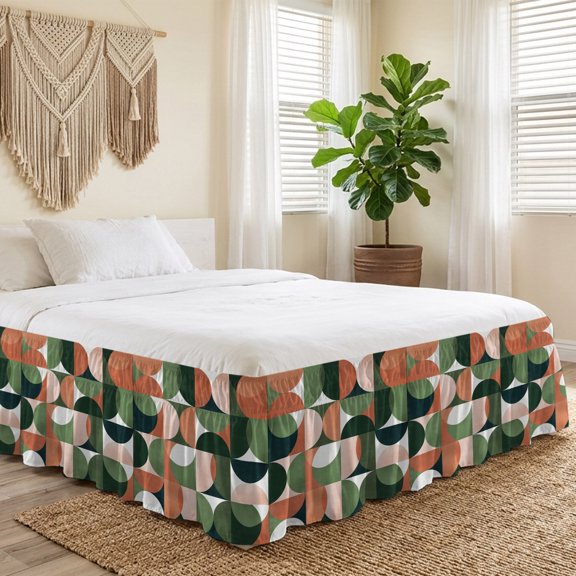 Queen Bed Skirt 16 Inch Drop, Mid Century Nordic Easy Fit Wrap Around Ruffle Bedding, Retro Semicircle Green Orange Block Bed Skirts with Adjustable Elastic Belt