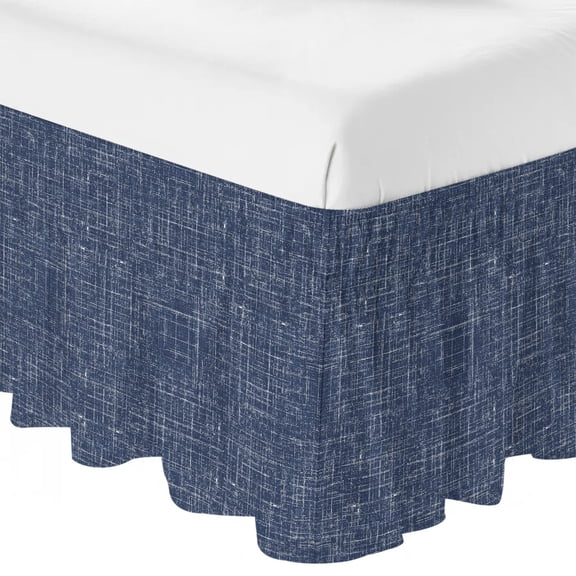 Queen Bed Skirt 16 Inch Drop, Minimalist Navy Blue Easy Fit Wrap Around Ruffle Bedding, Vintage Linen Textured Bed Skirts with Adjustable Elastic Belt