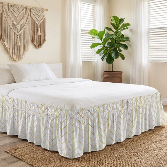 Queen Bed Skirt 16 Inch Drop, Minimalist Yellow Herringbone Arrow Easy Fit Wrap Around Ruffle Bedding, Abstract Geometric Line Bed Skirts with Adjustable Elastic Belt