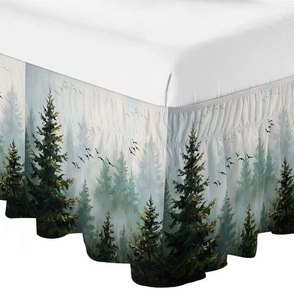 Queen Bed Skirt 16 Inch Drop, Misty Forest Green Easy Fit Wrap Around Ruffle Bedding, Bird Jungle Bed Skirts with Adjustable Elastic Belt