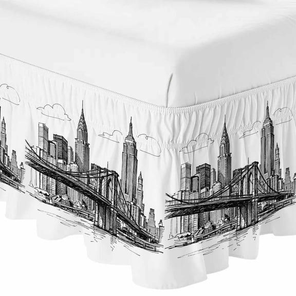 Queen Bed Skirt 16 Inch Drop, Modern Bridge Building Sketch Easy Fit Wrap Around Ruffle Bedding, Monochrome Architecture Art Bed Skirts with Adjustable Elastic Belt