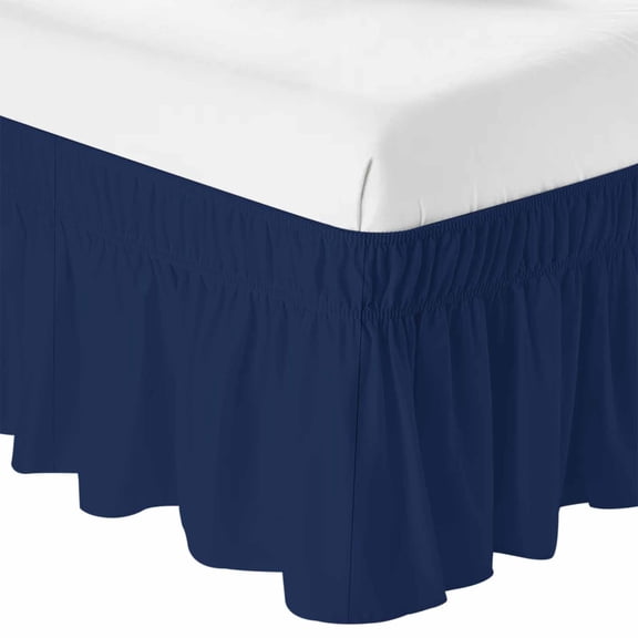 Queen Bed Skirt 16 Inch Drop, Modern Solid Color Navy Blue Easy Fit Wrap Around Ruffle Bedding, Minimalist Pure Bleu Marine Bed Skirts with Adjustable Elastic Belt