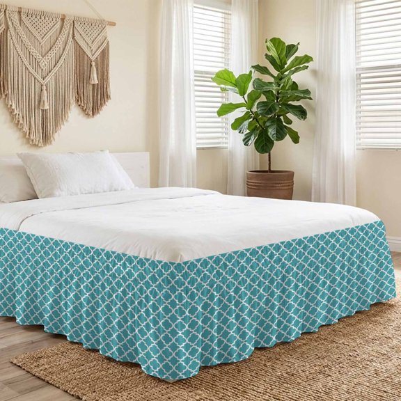 Queen Bed Skirt 16 Inch Drop, Moroccan Geometric Pattern Easy Fit Wrap Around Ruffle Bedding, Abstract Turquoise Minimalist Art Bed Skirts with Adjustable Elastic Belt