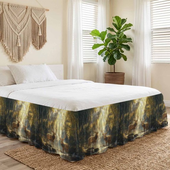 Queen Bed Skirt 16 Inch Drop, Natural Forest Farm Deer Sunlight Easy Fit Wrap Around Ruffle Bedding, Waterfall River Wild Scene Bed Skirts with Adjustable Elastic Belt