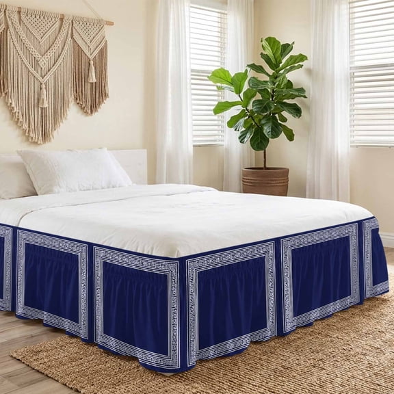 Queen Bed Skirt 16 Inch Drop, Navy Blue Abstract Geometric Easy Fit Wrap Around Ruffle Bedding, Back Print Border Bed Skirts with Adjustable Elastic Belt