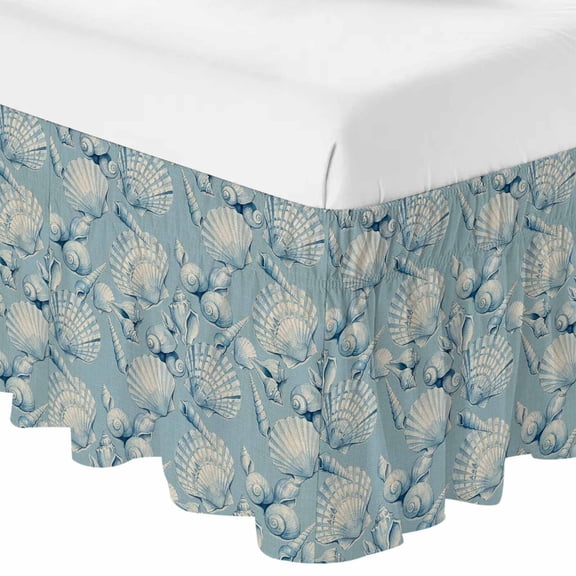 Queen Bed Skirt 16 Inch Drop, Ocean Blue Conch Shell Easy Fit Wrap Around Ruffle Bedding, Underwater Animal Retro Linen Bed Skirts with Adjustable Elastic Belt