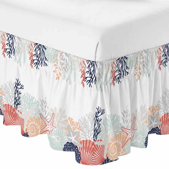 Queen Bed Skirt 16 Inch Drop, Ocean Colorful Conch Coral Shell Easy Fit Wrap Around Ruffle Bedding, Coastal Starfish Leaves Bed Skirts with Adjustable Elastic Belt