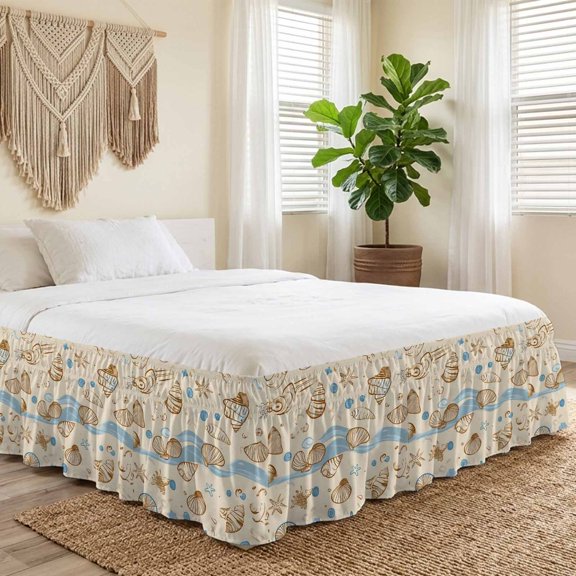 Queen Bed Skirt 16 Inch Drop, Ocean Colorful Conch Shell on Beige Easy Fit Wrap Around Ruffle Bedding, Marine Life Bed Skirts with Adjustable Elastic Belt