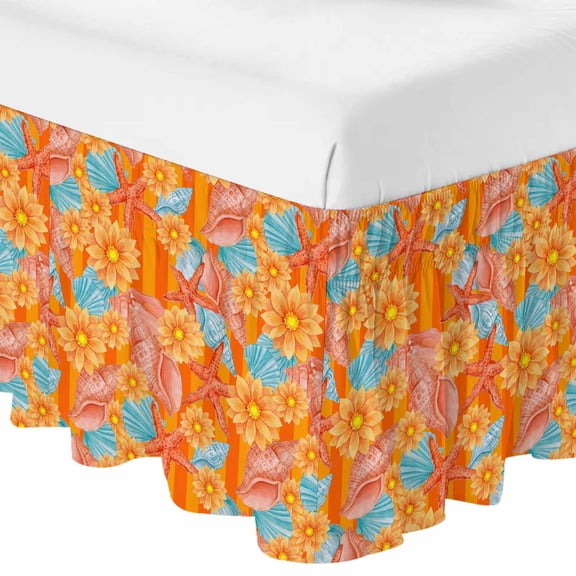 Queen Bed Skirt 16 Inch Drop, Ocean Conch Shell Blossom Flower Easy Fit Wrap Around Ruffle Bedding, Orange Ombre Stripe Bed Skirts with Adjustable Elastic Belt