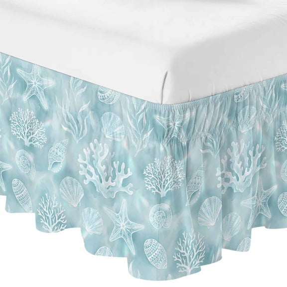 Queen Bed Skirt 16 Inch Drop, Ocean Coral Starfish Conch Shell Easy Fit Wrap Around Ruffle Bedding, Summer Underwater Animal Bed Skirts with Adjustable Elastic Belt