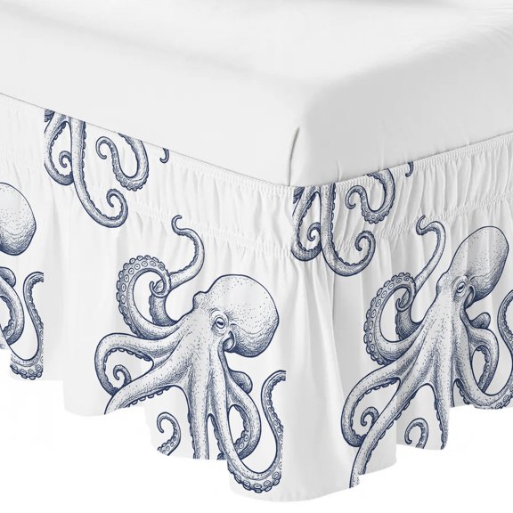 Queen Bed Skirt 16 Inch Drop, Ocean Life Octopus Navy Blue Easy Fit Wrap Around Ruffle Bedding, Marine Huge Monster on White Bed Skirts with Adjustable Elastic Belt