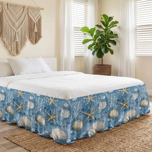 Queen Bed Skirt 16 Inch Drop, Ocean Marine Starfish Conch Shell Easy Fit Wrap Around Ruffle Bedding, Watercolor Blue Sea Coral Bed Skirts with Adjustable Elastic Belt