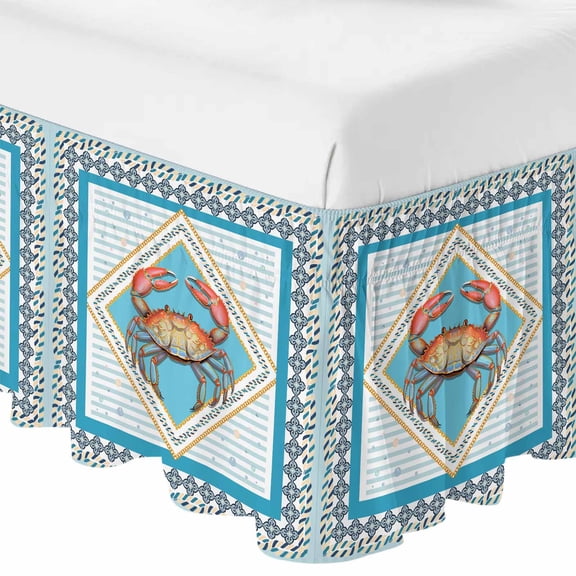 Queen Bed Skirt 16 Inch Drop, Ocean Sea Animal Red Crab Easy Fit Wrap Around Ruffle Bedding, Blue Bubble Stripes in Floral Frame Bed Skirts with Adjustable Elastic Belt