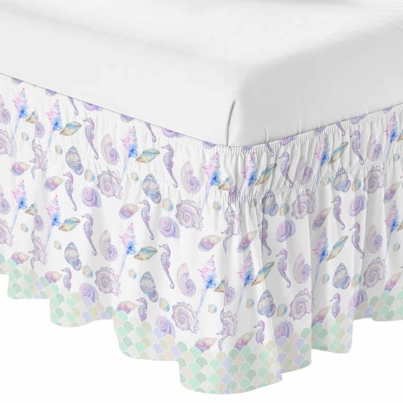 Queen Bed Skirt 16 Inch Drop, Ocean Seahorse Conch Shell Easy Fit Wrap Around Ruffle Bedding, Underwater World Mermaid Scale Gradient Bed Skirts with Adjustable Elastic Belt