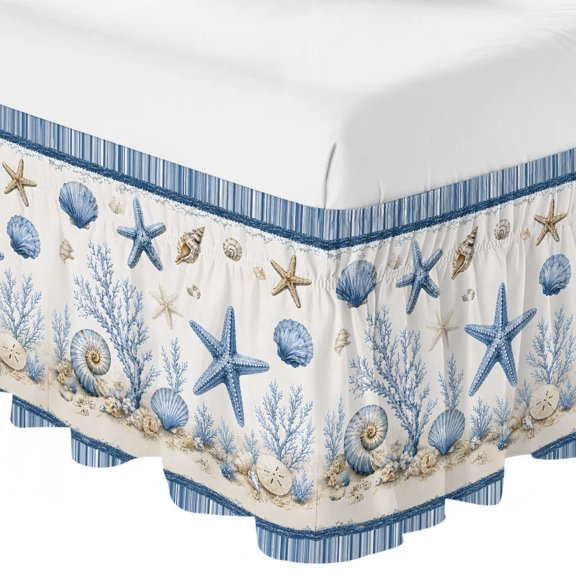 Queen Bed Skirt 16 Inch Drop, Ocean Starfish Conch Shell Coral Easy Fit Wrap Around Ruffle Bedding, Marine Life Blue Stripe Bed Skirts with Adjustable Elastic Belt