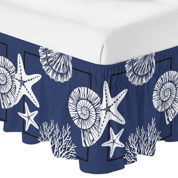 Queen Bed Skirt 16 Inch Drop, Ocean Starfish Coral Conch Shell Easy Fit Wrap Around Ruffle Bedding, Navy Blue Bed Skirts with Adjustable Elastic Belt