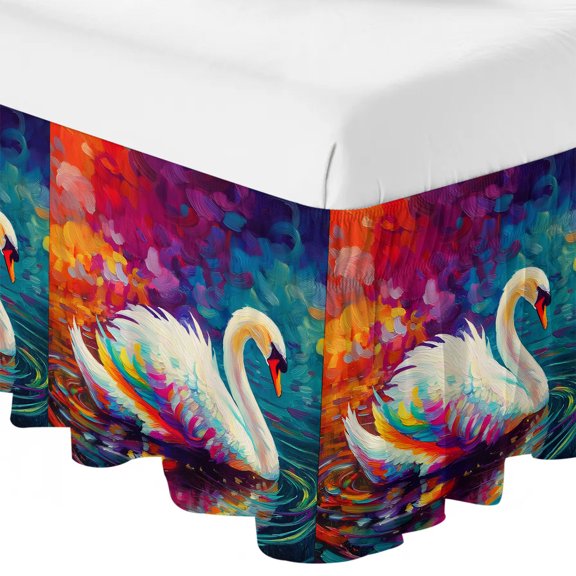 Queen Bed Skirt 16 Inch Drop, Oil Painting Style Swan Easy Fit Wrap Around Ruffle Bedding, Colorful Reflection Art Bed Skirts with Adjustable Elastic Belt