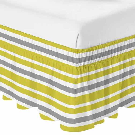 Queen Bed Skirt 16 Inch Drop, Olive Green Grey White Striped Easy Fit Wrap Around Ruffle Bedding, Simplistic Line Bed Skirts with Adjustable Elastic Belt