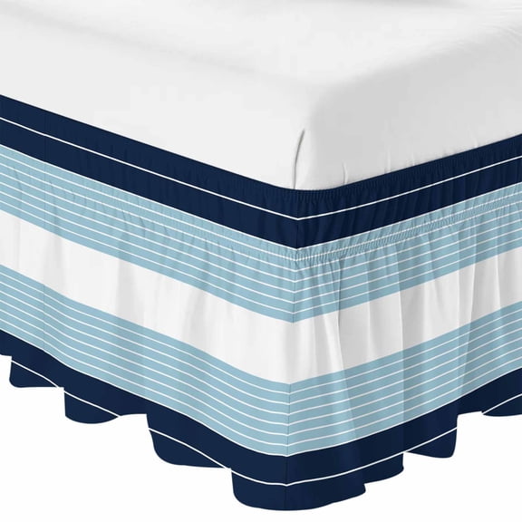 Queen Bed Skirt 16 Inch Drop, Ombre Navy Blue Light Blue Linen Easy Fit Wrap Around Ruffle Bedding, Modern Minimalist Lines Bed Skirts with Adjustable Elastic Belt