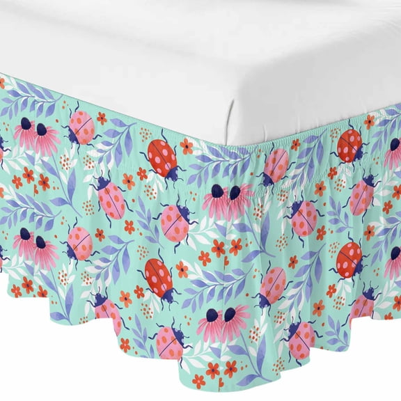 Queen Bed Skirt 16 Inch Drop, Pastoral Ladybug Flower on Green Easy Fit Wrap Around Ruffle Bedding, Watercolor Purple Leaves Bed Skirts with Adjustable Elastic Belt