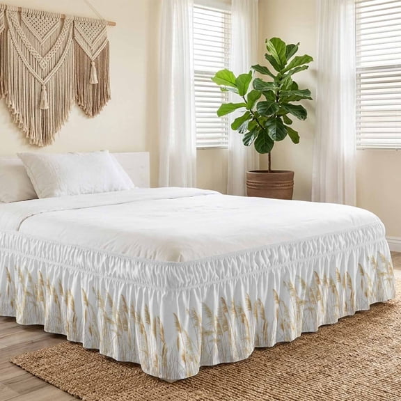 Queen Bed Skirt 16 Inch Drop, Pastoral Reed Pampas Grass Plant Easy Fit Wrap Around Ruffle Bedding, Autumn Botanical on White Bed Skirts with Adjustable Elastic Belt