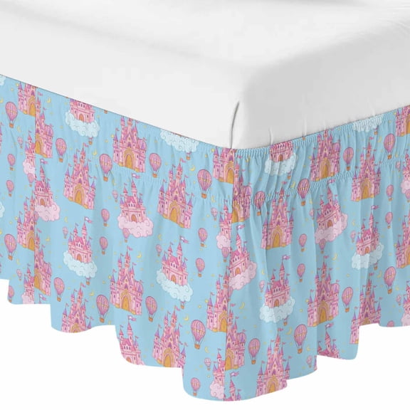 Queen Bed Skirt 16 Inch Drop, Pink Dream Castle Cloud Balloons on Blue Easy Fit Wrap Around Ruffle Bedding, Children's Day Bed Skirts with Adjustable Elastic Belt