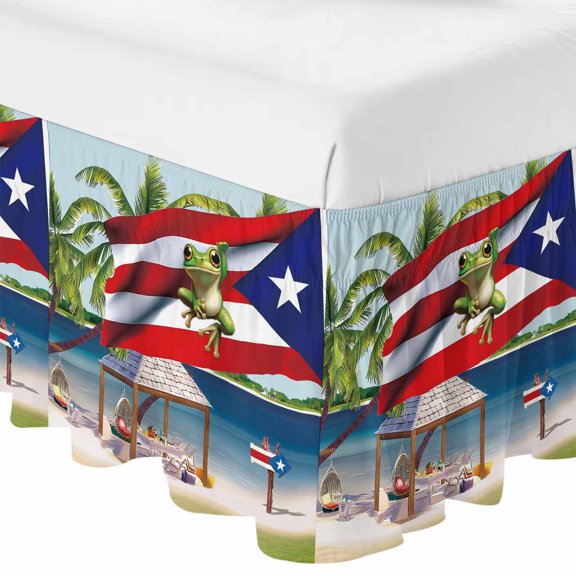 Queen Bed Skirt 16 Inch Drop, Puerto Rico Flag Frog Coconut Trees Easy Fit Wrap Around Ruffle Bedding, Ocean Beach Bed Skirts with Adjustable Elastic Belt