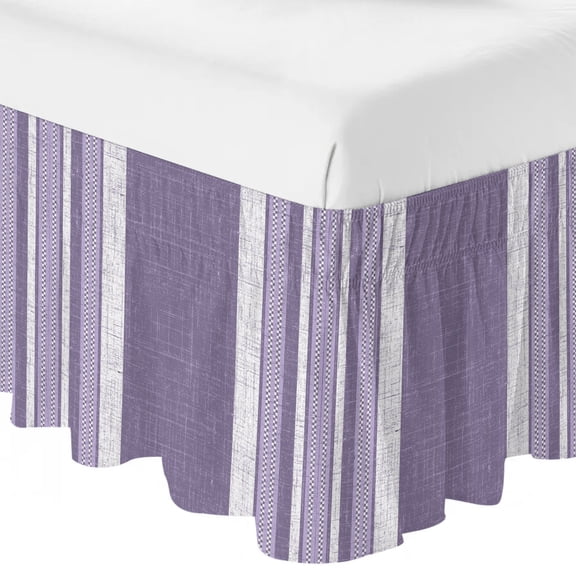 Queen Bed Skirt 16 Inch Drop, Purple Color Stripe Retro Linen Easy Fit Wrap Around Ruffle Bedding, Minimalist Rustic Geometric Art Bed Skirts with Adjustable Elastic Belt