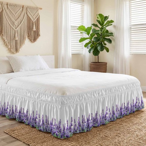 Queen Bed Skirt 16 Inch Drop, Purple Lavender Flower on White Easy Fit Wrap Around Ruffle Bedding, Spring Idyllic Botanical Bed Skirts with Adjustable Elastic Belt