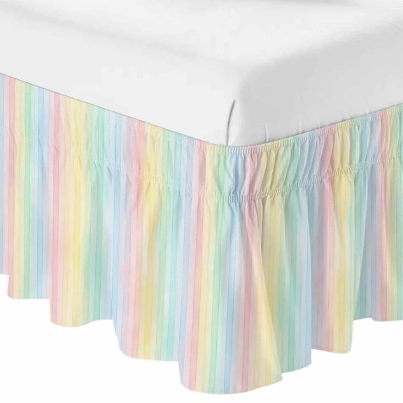 Queen Bed Skirt 16 Inch Drop, Rainbow Stripes Gradient Easy Fit Wrap Around Ruffle Bedding, Pastoral Watercolor Line Bed Skirts with Adjustable Elastic Belt