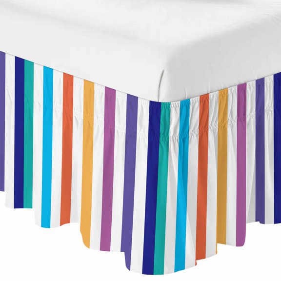 Queen Bed Skirt 16 Inch Drop, Rainbow Stripes on White Easy Fit Wrap Around Ruffle Bedding, Classic Colorful Stripe Bed Skirts with Adjustable Elastic Belt