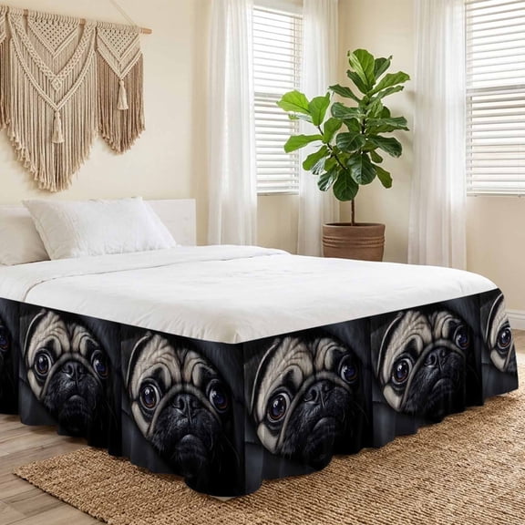 Queen Bed Skirt 16 Inch Drop, Realistic Pug Dog Pattern Easy Fit Wrap Around Ruffle Bedding, Dark Background Bed Skirts with Adjustable Elastic Belt