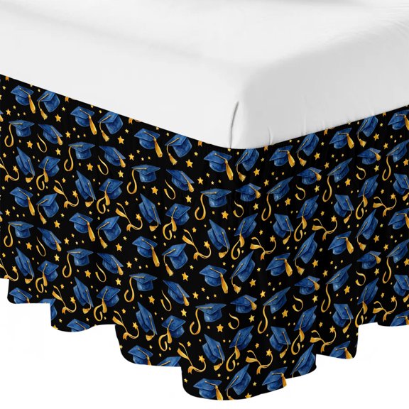Queen Bed Skirt 16 Inch Drop, Repeating Graduation Caps Easy Fit Wrap Around Ruffle Bedding, Stars and Tassels Bed Skirts with Adjustable Elastic Belt