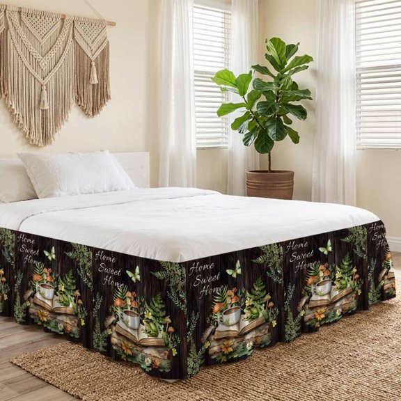 Queen Bed Skirt 16 Inch Drop, Retro Book Coffee Green Leaves Easy Fit Wrap Around Ruffle Bedding, Country Frog Butterfly Bed Skirts with Adjustable Elastic Belt