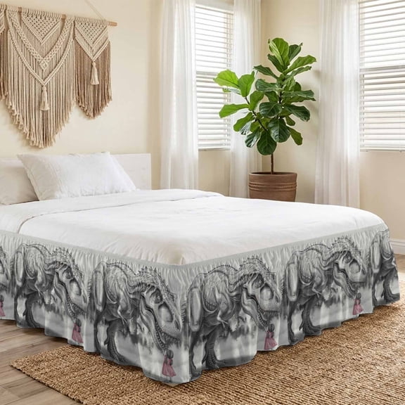 Queen Bed Skirt 16 Inch Drop, Retro Cartoon Dinosaur Little Girl Easy Fit Wrap Around Ruffle Bedding, Monster Animal Sketch Bed Skirts with Adjustable Elastic Belt