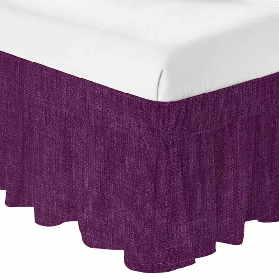 Queen Bed Skirt 16 Inch Drop, Retro Dark Purple Linen Bottom Easy Fit Wrap Around Ruffle Bedding, Farmhouse Flax Texture Bed Skirts with Adjustable Elastic Belt