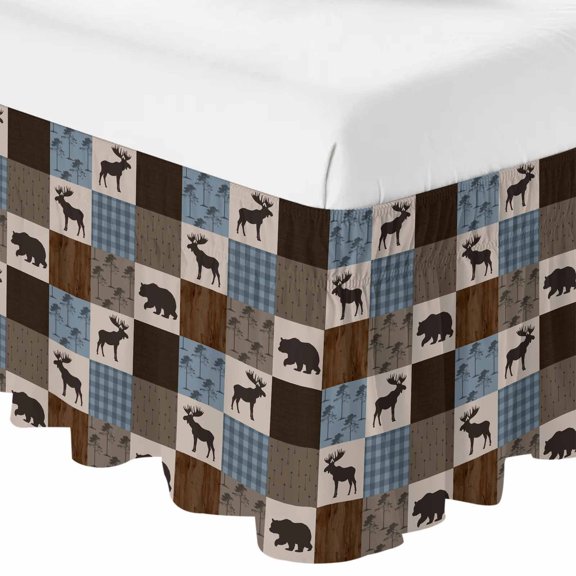 Queen Bed Skirt 16 Inch Drop, Retro Deer Bear Plaid Check Easy Fit Wrap Around Ruffle Bedding, Abstract Patchwork Pattern Bed Skirts with Adjustable Elastic Belt