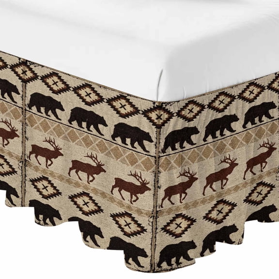 Queen Bed Skirt 16 Inch Drop, Retro Khaki Bears Deer Forest Easy Fit Wrap Around Ruffle Bedding, Diamond-shaped Border Bed Skirts with Adjustable Elastic Belt