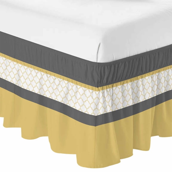 Queen Bed Skirt 16 Inch Drop, Retro Morocco Geometric Pattern Easy Fit Wrap Around Ruffle Bedding, Yellow Grey Stripes Bed Skirts with Adjustable Elastic Belt