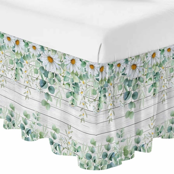 Queen Bed Skirt 16 Inch Drop, Rustic Daisy Leaves on Wood Grain Easy Fit Wrap Around Ruffle Bedding, Watercolor Eucalyptus Leaf Bed Skirts with Adjustable Elastic Belt