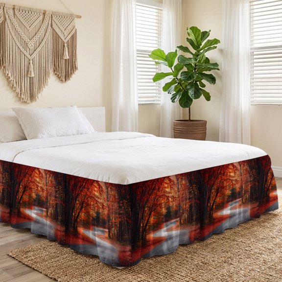 Queen Bed Skirt 16 Inch Drop, Rustic Maple Leaf Tree Road Easy Fit Wrap Around Ruffle Bedding, Watercolor Autumn Leaves Bed Skirts with Adjustable Elastic Belt